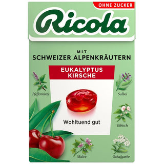 Ricola Eukalyptus Kirsche ( Eukalyptus Cherry ) Sugar Free Box - 50 g - Euro Food Mart