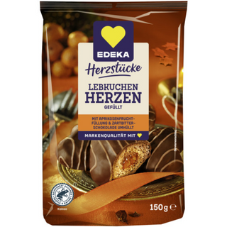 Edeka Lebkuchen Herzen Gefullt(  Filled Gingerbread Hearts ) Dark Chocolate Covered - 150 g