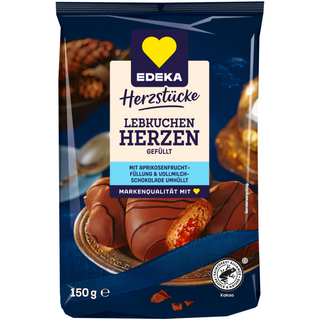 Edeka Lebkuchen Herzen Gefullt(  Filled Gingerbread Hearts ) Milk Chocolate Covered - 150 g