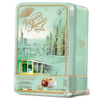 Vergani Milan Milk Chocolate Pralines w/ Cappuccino Cream in Tin Box - 100 g