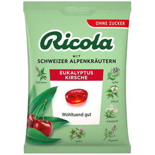 Ricola Eukalyptus Kirsche ( Eukalyptus Cherry ) Sugar Free Bag - 75 g - Euro Food Mart
