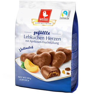 Weiss Gingerbread Hearts filled w/ Apricot Jelly Coated in Milk Chocolate-150 g - Euro Food Mart
