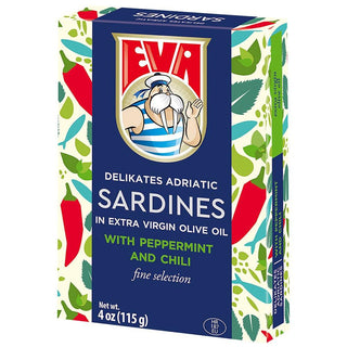 Eva Delikates Sardines in Extra Virgin Olive Oil w/ Peppermint & Chili - 4 oz (115 g ) - Euro Food Mart