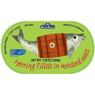 Rugen Fisch Herring Fillets in Mustard Sauce Retro Tin - 200 g / 7.05 oz. - Euro Food Mart