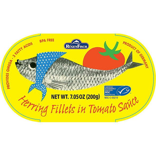 Rugen Fisch Herring Fillets in Tomato Sauce Retro Tin - 200 g / 7.05 oz. - Euro Food Mart